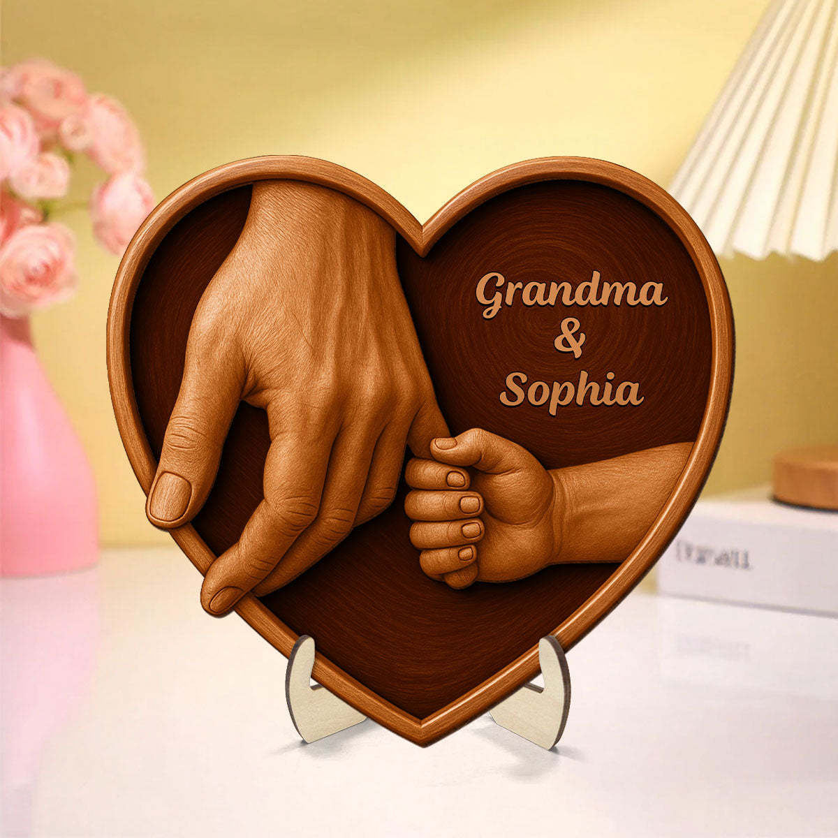 Mom Grandma And Kids Hands 3D Effect Wooden Sculpture Personalized 2-Layerd Wooden Plaque, Gift