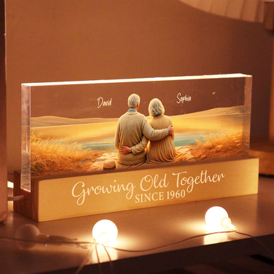 Growing Old Together Personalized Acrylic Block LED Night Light, Anniversary Birthday Gift For Husband, Wife, Old Couple, Parents