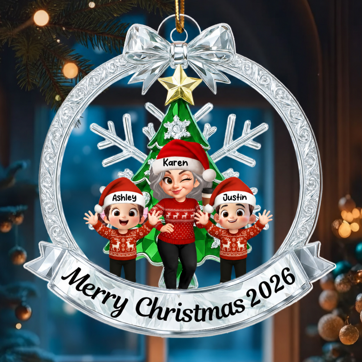 Grandma Grandkids Sitting on Christmas Wreath Metallic Effect - Personalized Acrylic Ornament - Christmas Gift for Grandma