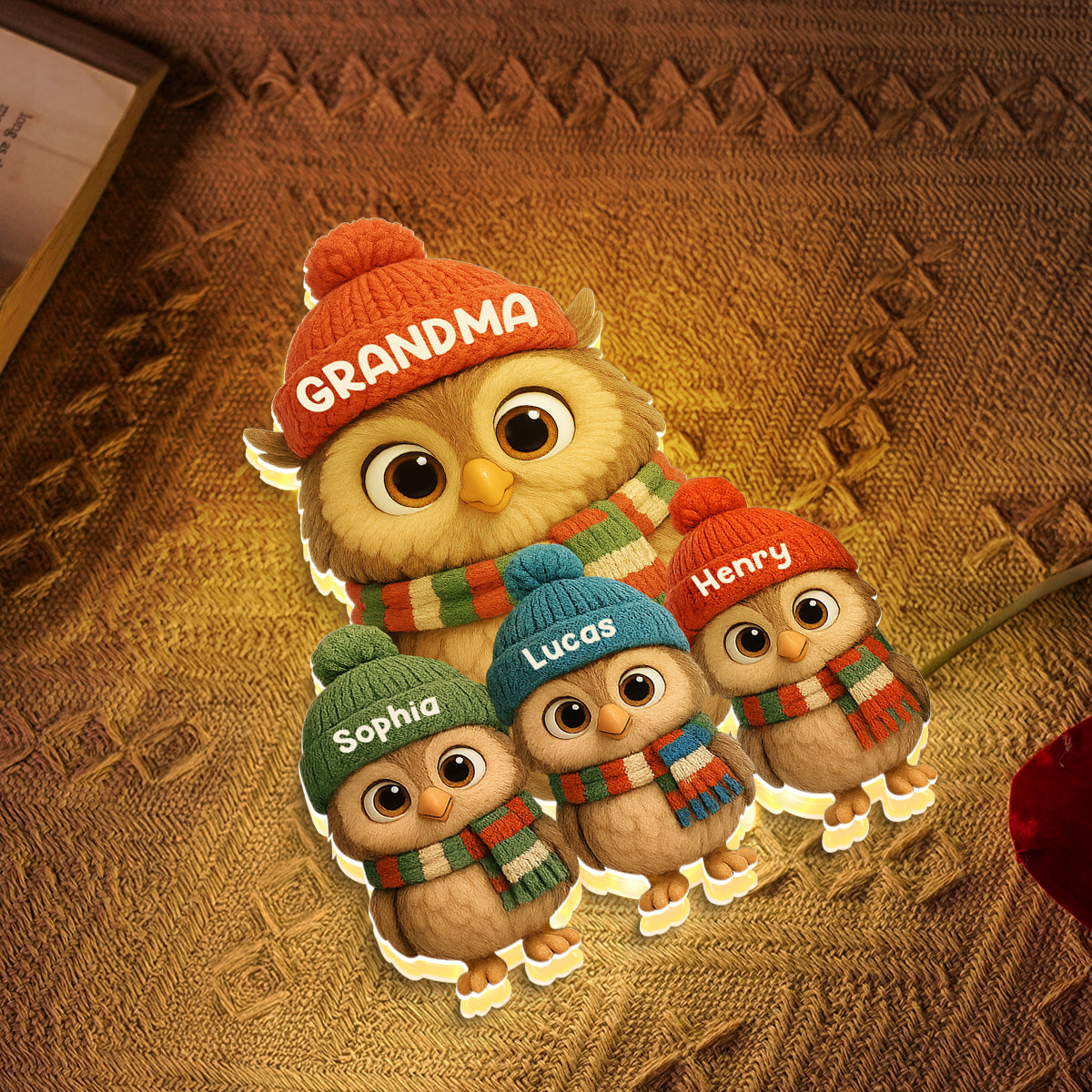 3D Effect Heartwarming Christmas Owls Grandma Grandkids - Personalized Light Box
