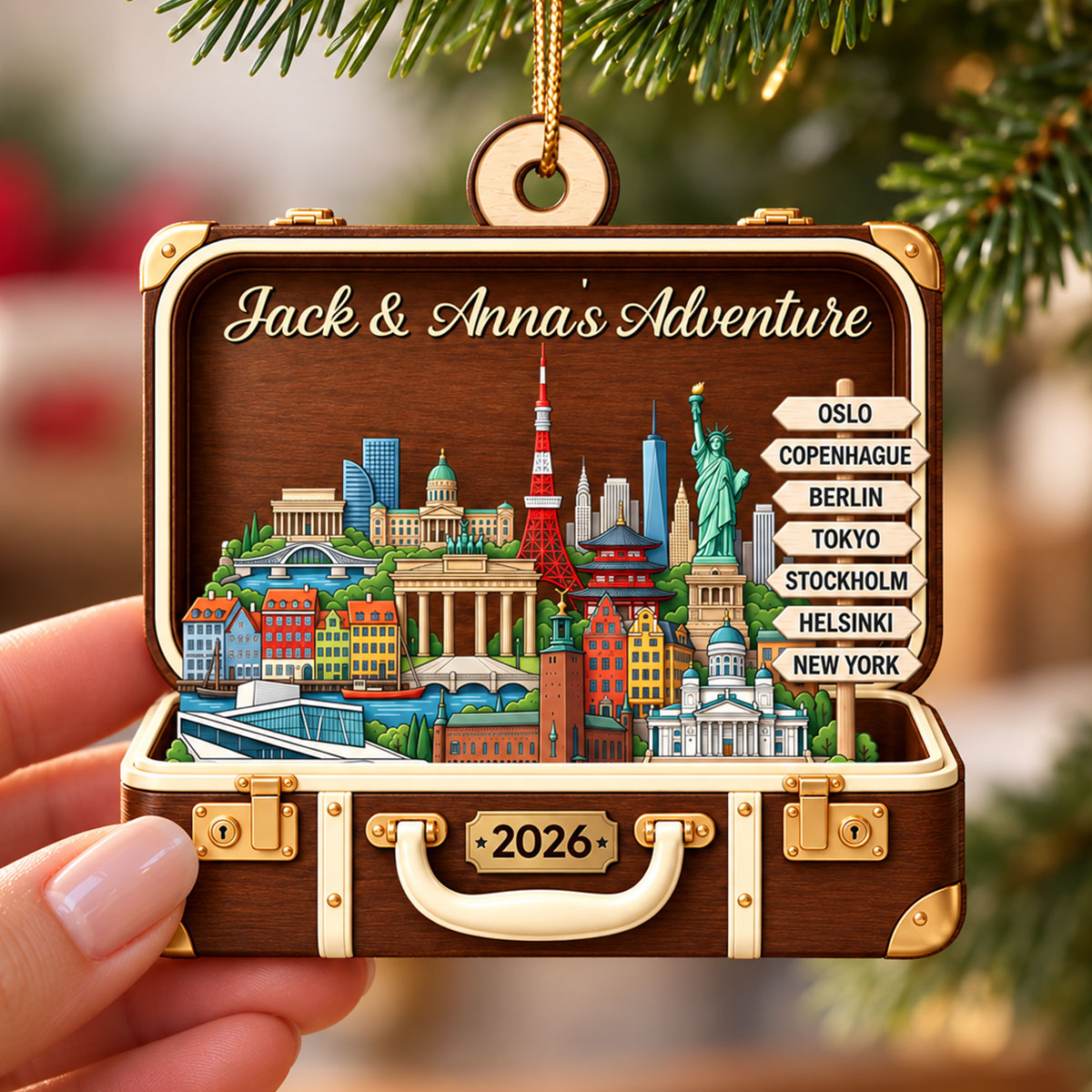 Custom Travel Adventure Suitcase 2D Flat Printed - Personalized Wooden Ornament - Traveling Destination Keepsake, Christmas Gift For Traveling Lovers