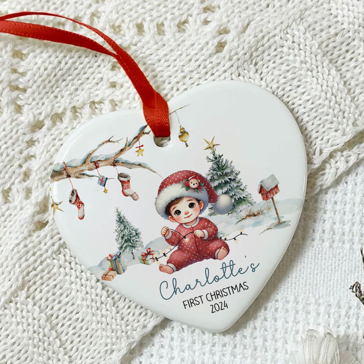 Watercolor Woodland Baby's First Christmas Personalized Heart Shaped Ceramic Ornament, Christmas Gift Keepsake for New Mom New Dad