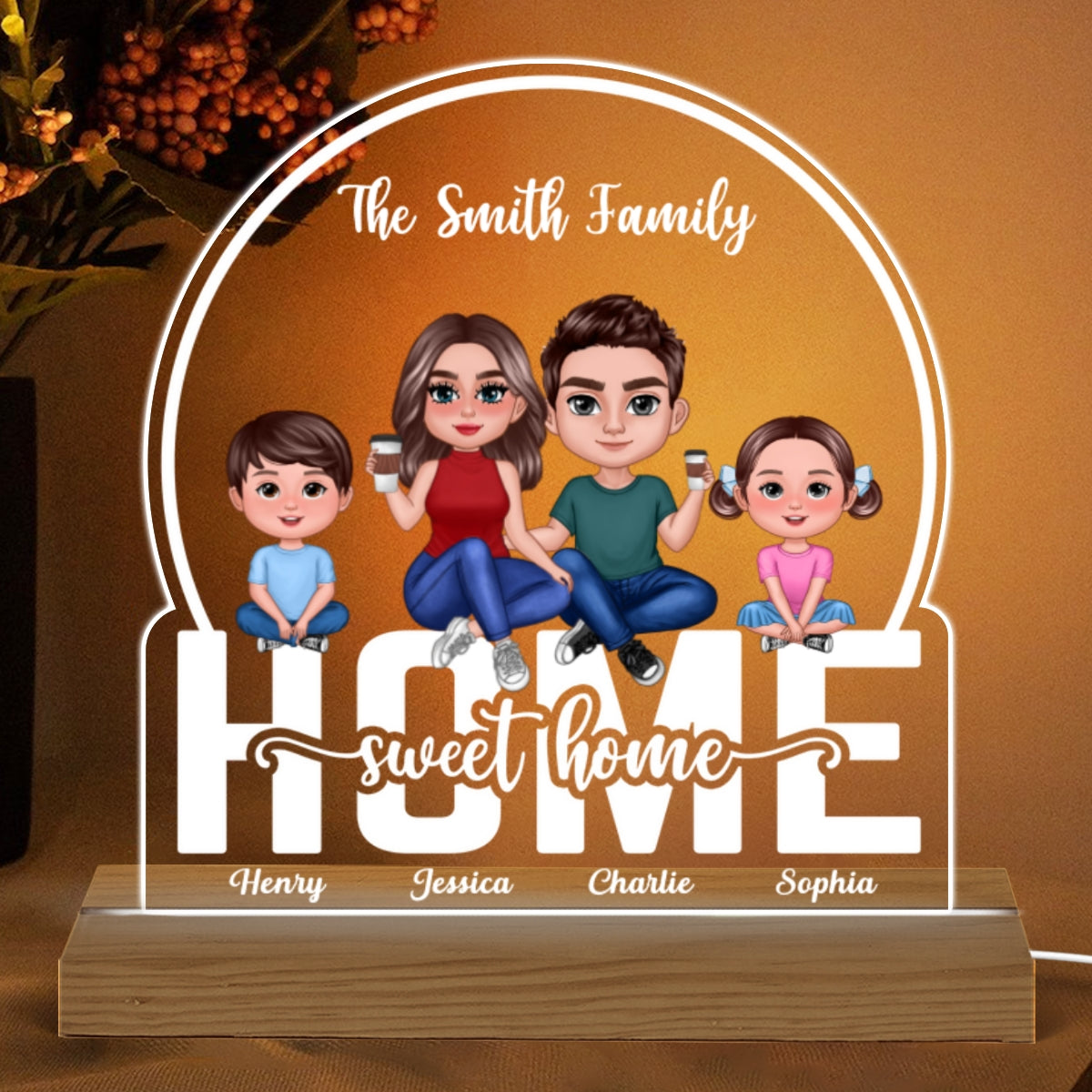 Home Sweet Home Family Couple & Kids Personalized Custom Shape Acrylic Plaque With Warm LED Night Light