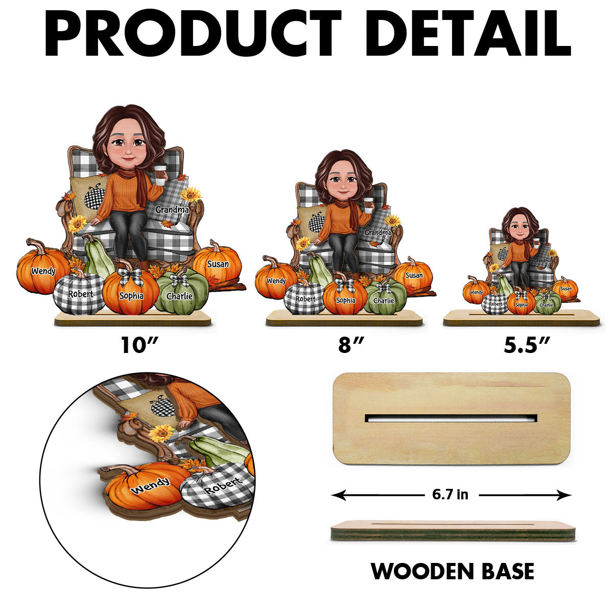 Grandma Sitting On Chair Pumpkins Personalized 2-Layer Standing Wooden Plaque, Fall Season Decor