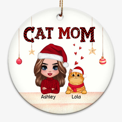 Red Pattern Doll Cat Mom Christmas Personalized Circle Ornament