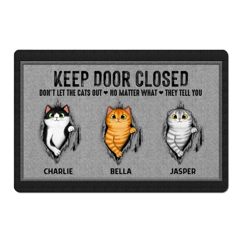 Keep Door Closed Fluffy Cat Tearing Gray Background Personalized Doormat