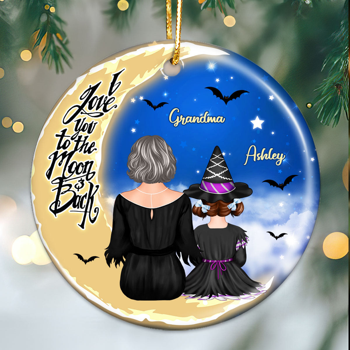Grandma Grandkids On Moon Back View Halloween Personalized Circle Ornament