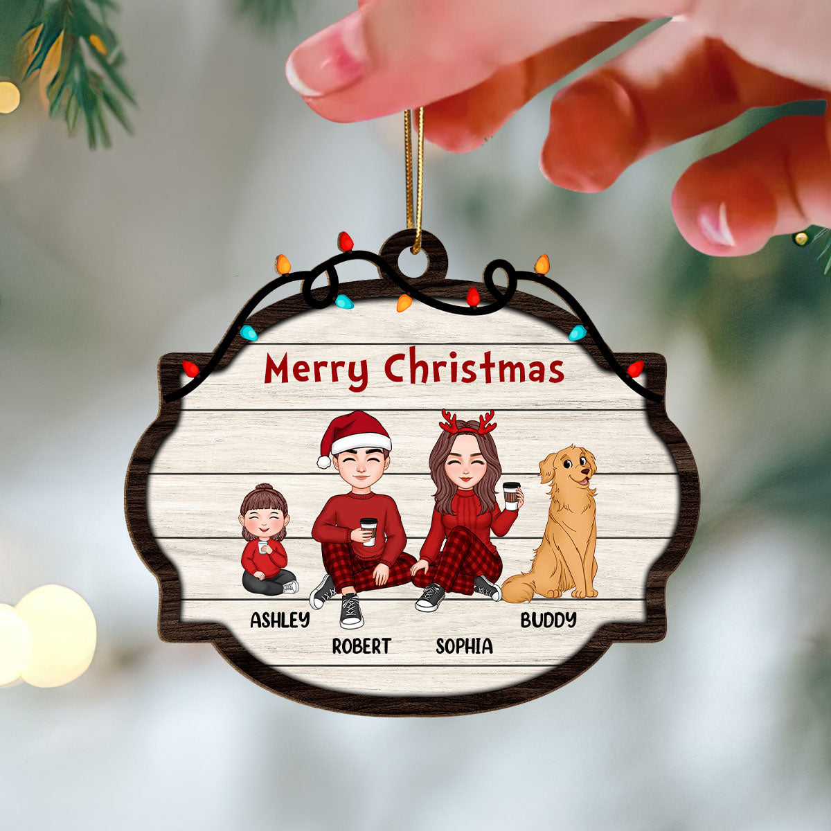 Cute Family Dad Mom Kids Dogs Cats Sitting Christmas Light String Personalized Wooden Ornament