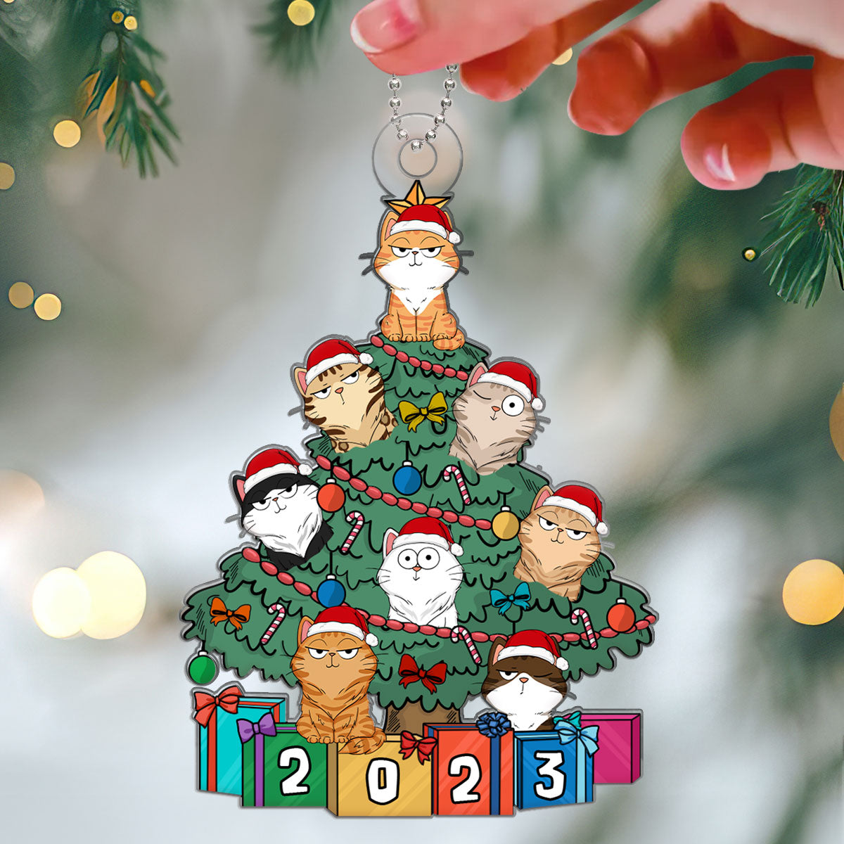Funny Expression Cats On Christmas Tree Personalized Acrylic Ornament