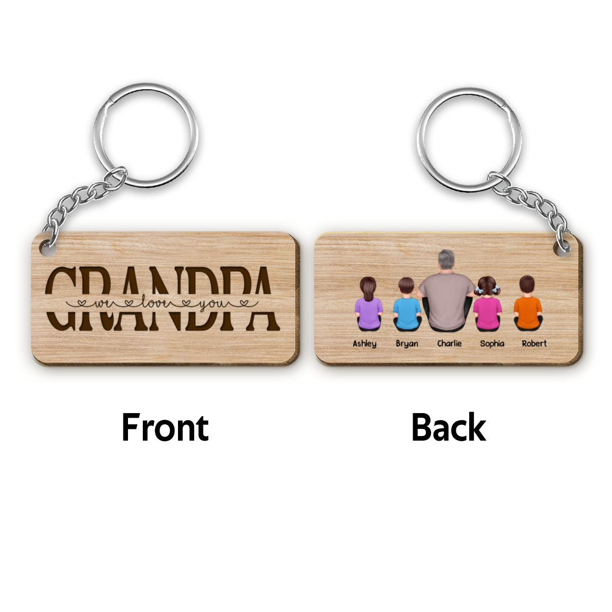 Best Grandpa Ever Back View Man Kids Dog Cat Personalized Wooden Keychain