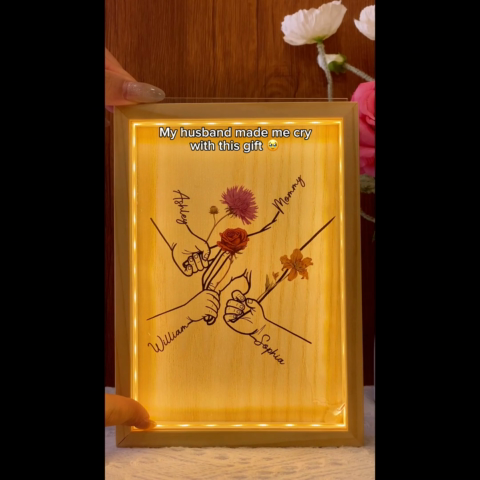 Kids Holding Grandma Mom Hand Birth Month Flowers Personalized Frame Light Box