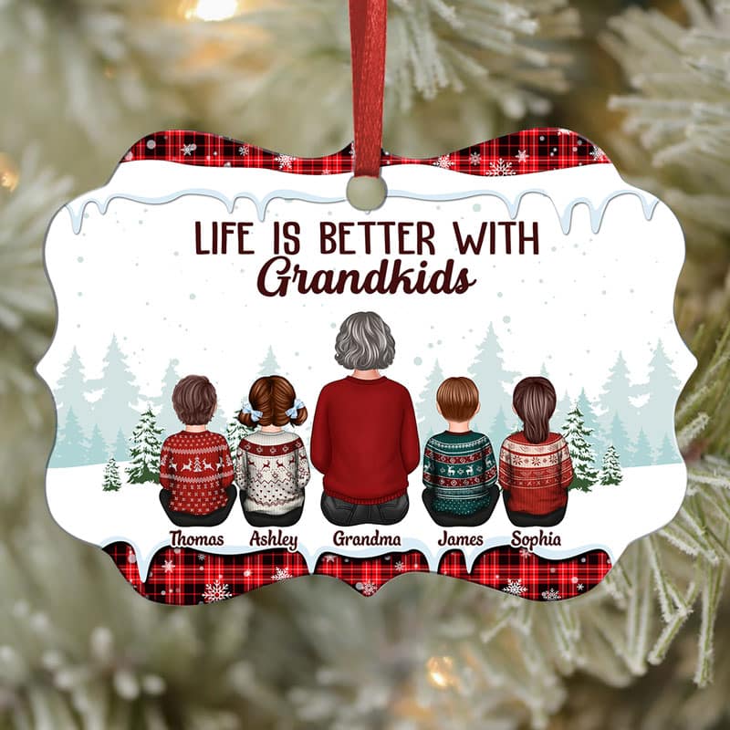 Grandma Grandkids Sitting Checkered Pattern Personalized Christmas Ornament