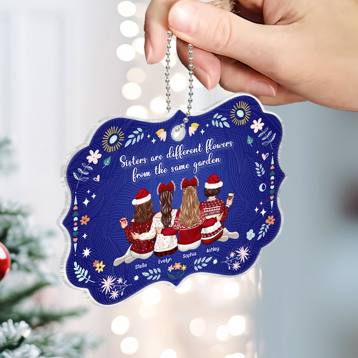 Sisters Are Different Flowers from the Same Garden, Sisters Sitting Back View Personalized Acrylic Ornament, Christmas Gift for