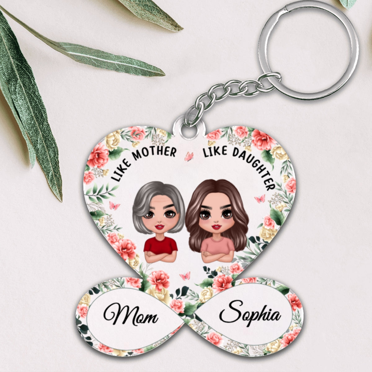 Like Mother Like Daughter Doll Mother Daughter Floral Infinity Heart Personalized Acrylic Keychain