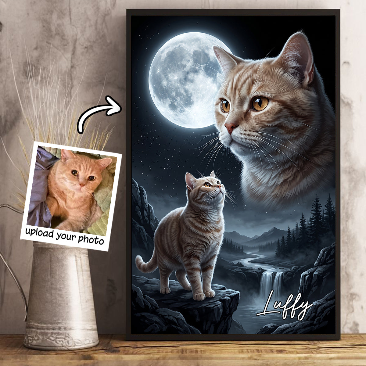Cat Howling to the Moon Custom Pet Photo - Personalized Poster - Halloween Gift for Cat Lovers