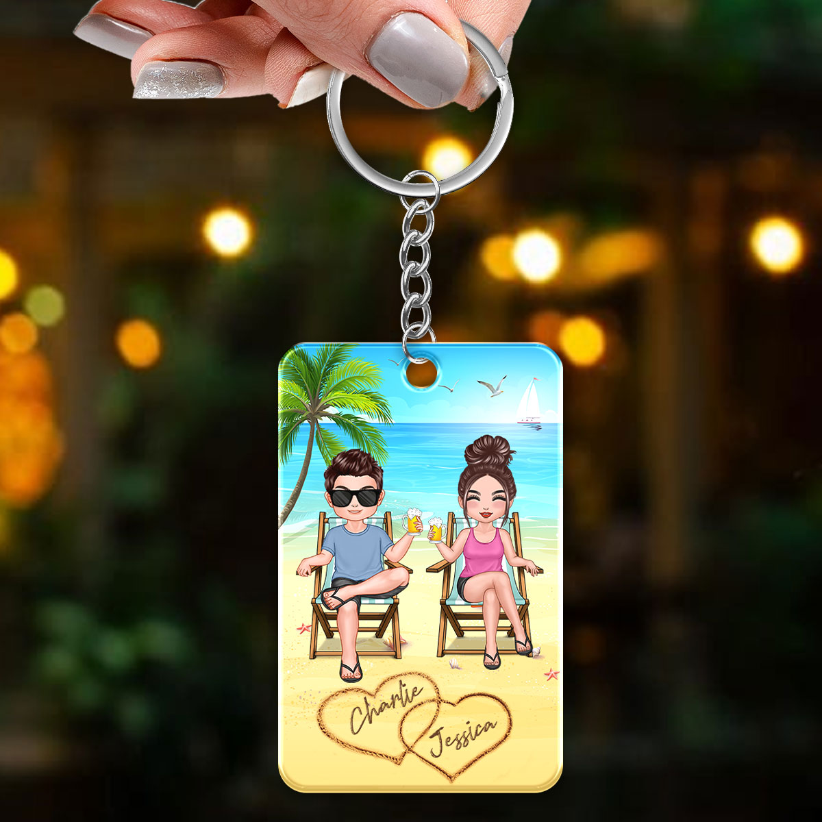 Summer Doll Couple Sitting On The Beach Personalized Acrylic Keychain