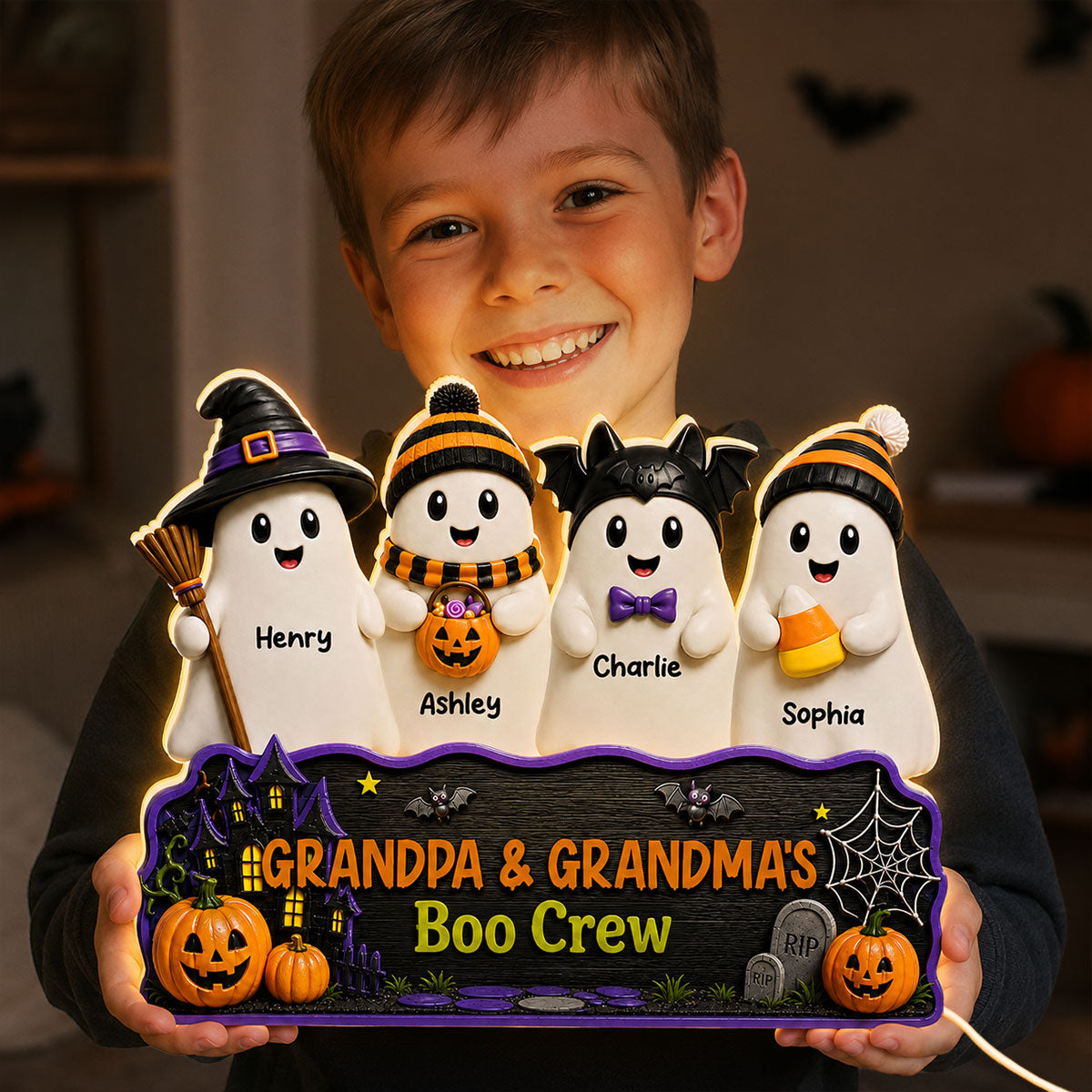 Halloween Grandpa Grandma's Boo Crew - Personalized Light Box - Halloween Decor For Grandparents