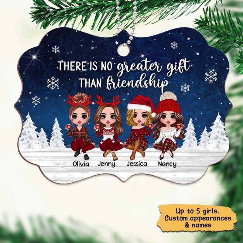 Doll Besties Sisters Sitting At Christmas Night Personalized Wooden Ornament
