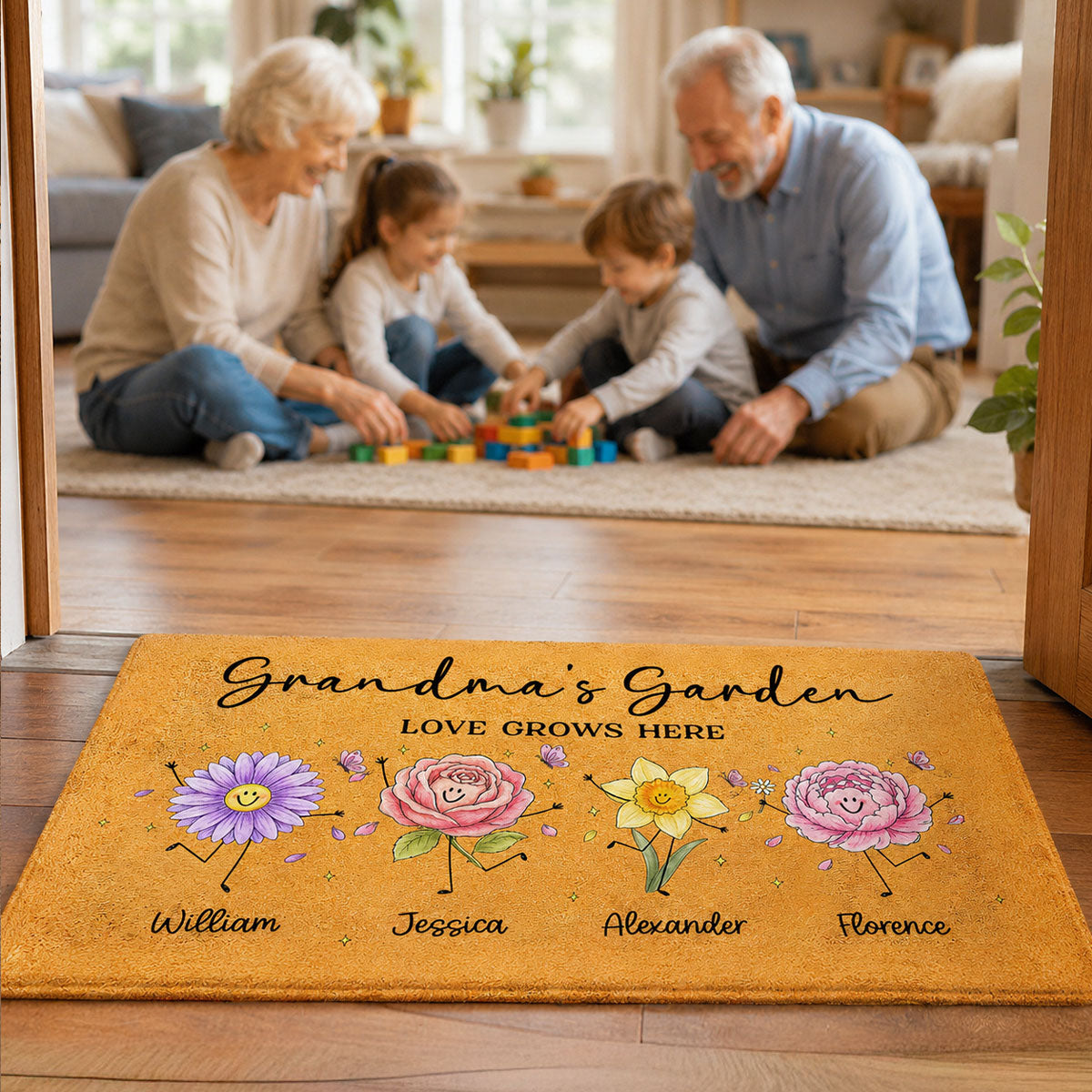 Grandma's Garden Cute Doodle Birth Month Flowers - Personalized Doormat - Home Decor Gift, Birthday Gift For Grandma