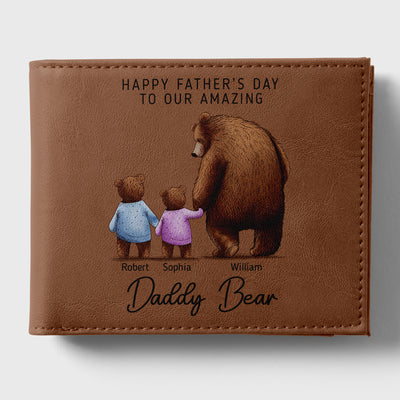 Daddy Bear With His Cubs Personalized Printed Leather Wallet