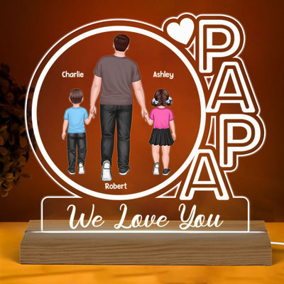 Papa We Love You Back View Walking Man & Kids Personalized Custom Shape Acrylic Plaque With Warm LED Night Light