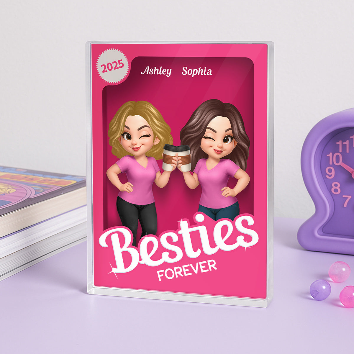 Besties Forever Pink Action Figure 3D Effect - Personalized Acrylic Block Plaque - Gift for Besties, Best Friends