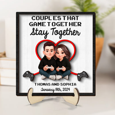 Gaming Couple Game Together Stay Together - Personalized 2-Layered Wooden Plaque - Heartfelt Valentine, Anniversary Gift For Gamers, For Him, For Her