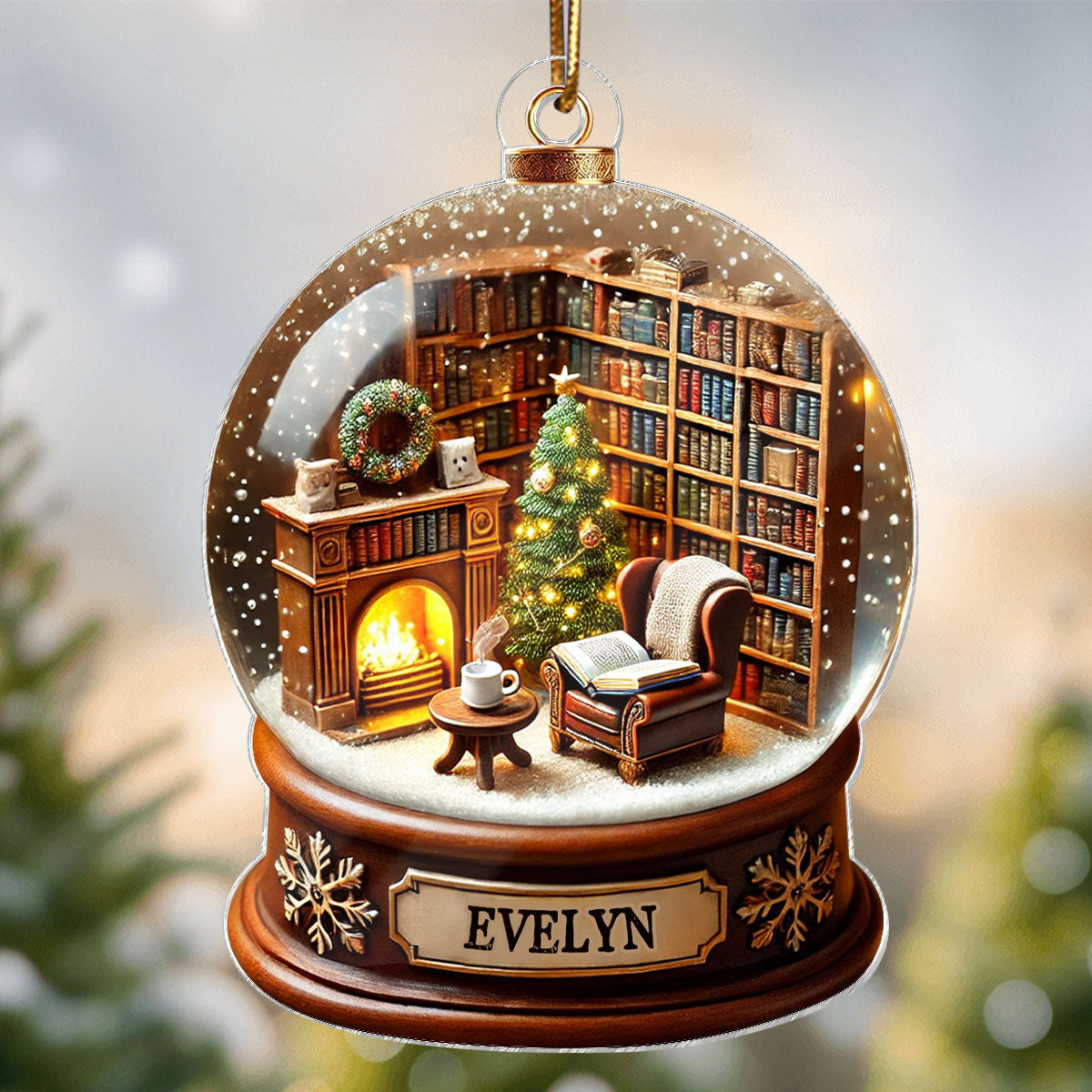 Book Lover Room 3D Effect Snow Globe Christmas Book Club Gift Book Reader Personalized Acrylic Flat Ornament