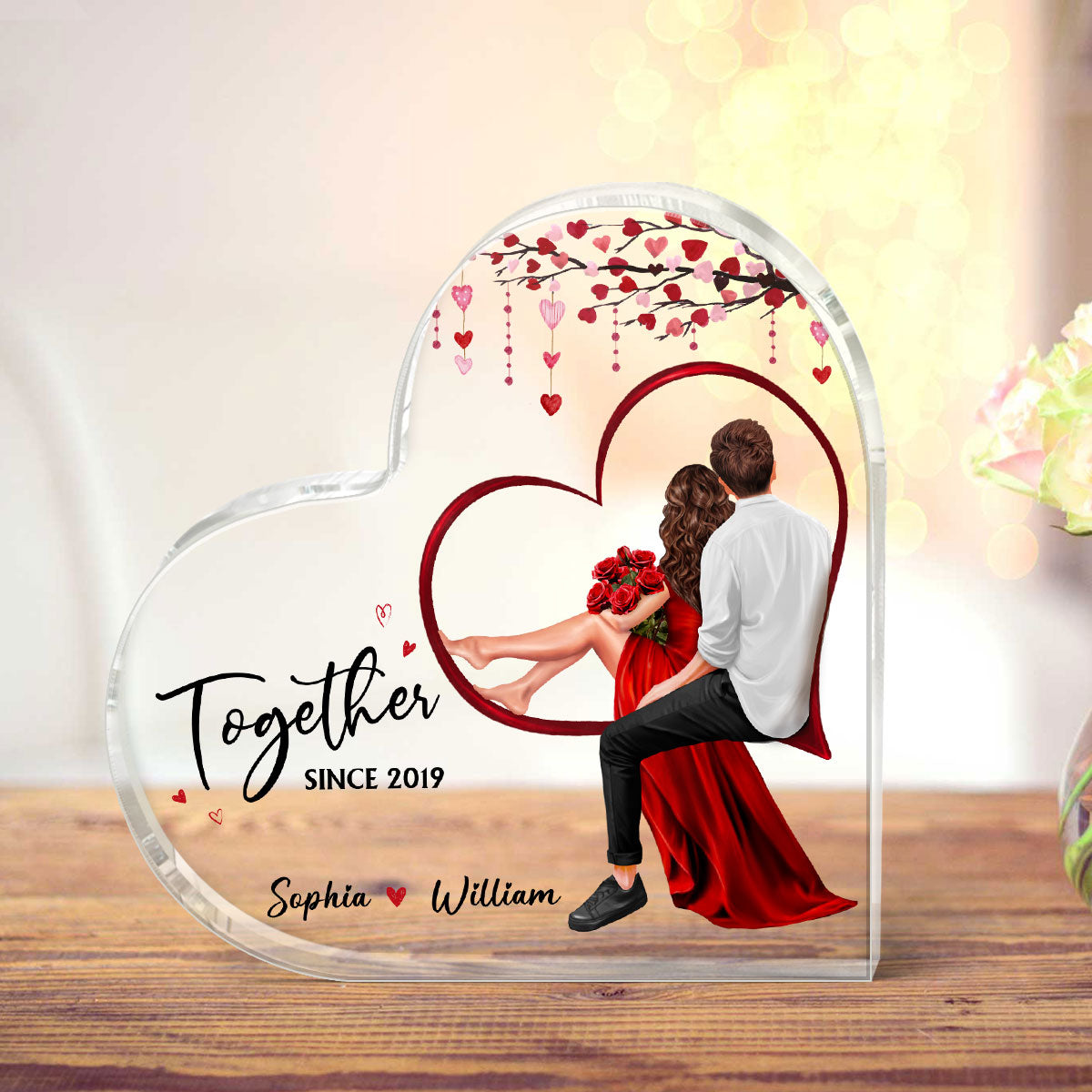 Embracing Couples Sitting On Heart Personalized Acrylic Heart Plaque,  Gift, Anniversary Gift for Couples