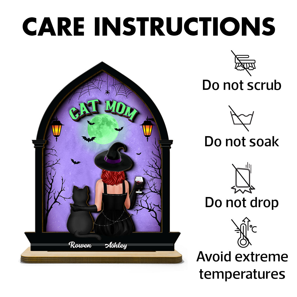 Halloween Witch and Cats Gothic Window Shaped Personalized 2-Layer Wooden Standing Plaque