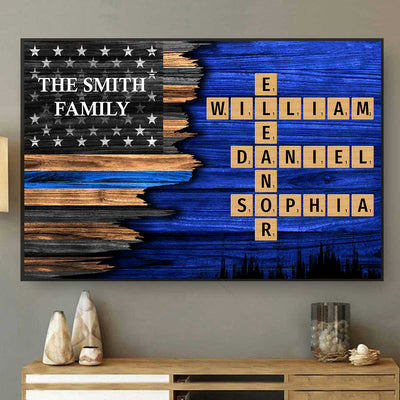 Half Flag Thin Blue Line Family Crossword Art Puzzle, Personalized Poster, Meaningful Father's Day Gift for Dad, Gift for Husband