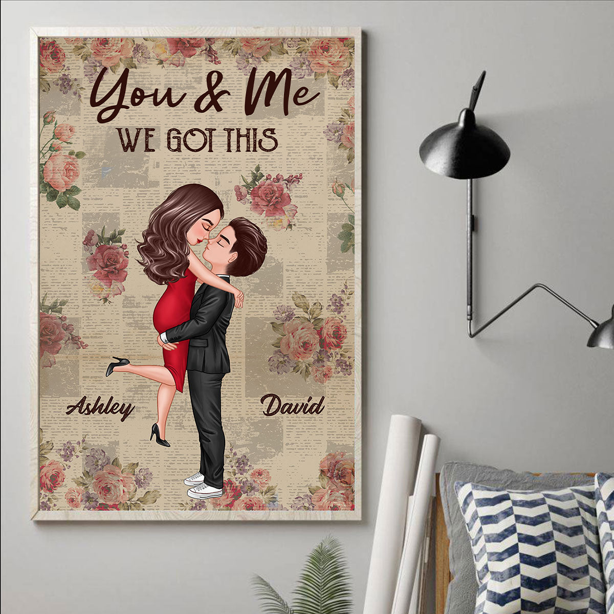 Roses Newspaper Pattern Doll Couple Hugging Kissing Personalized Vertical Poster