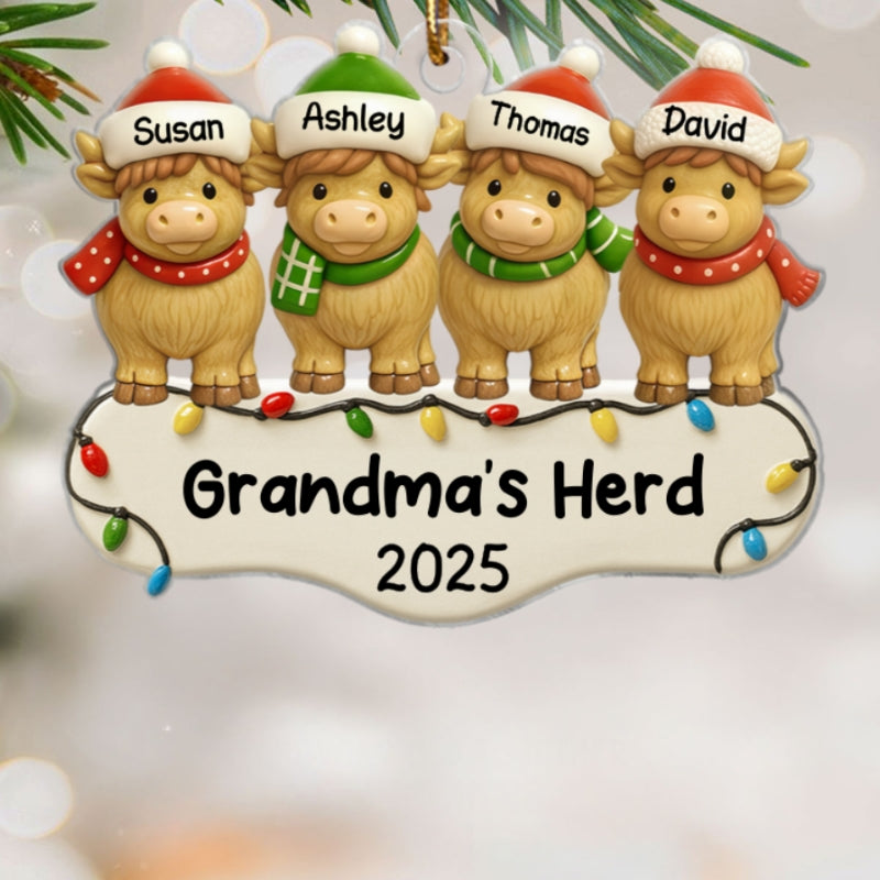 3D Effect Highland Cows Grandma's Herd For Christmas Personalized Acrylic Ornament, Christmas Decor For Grandma