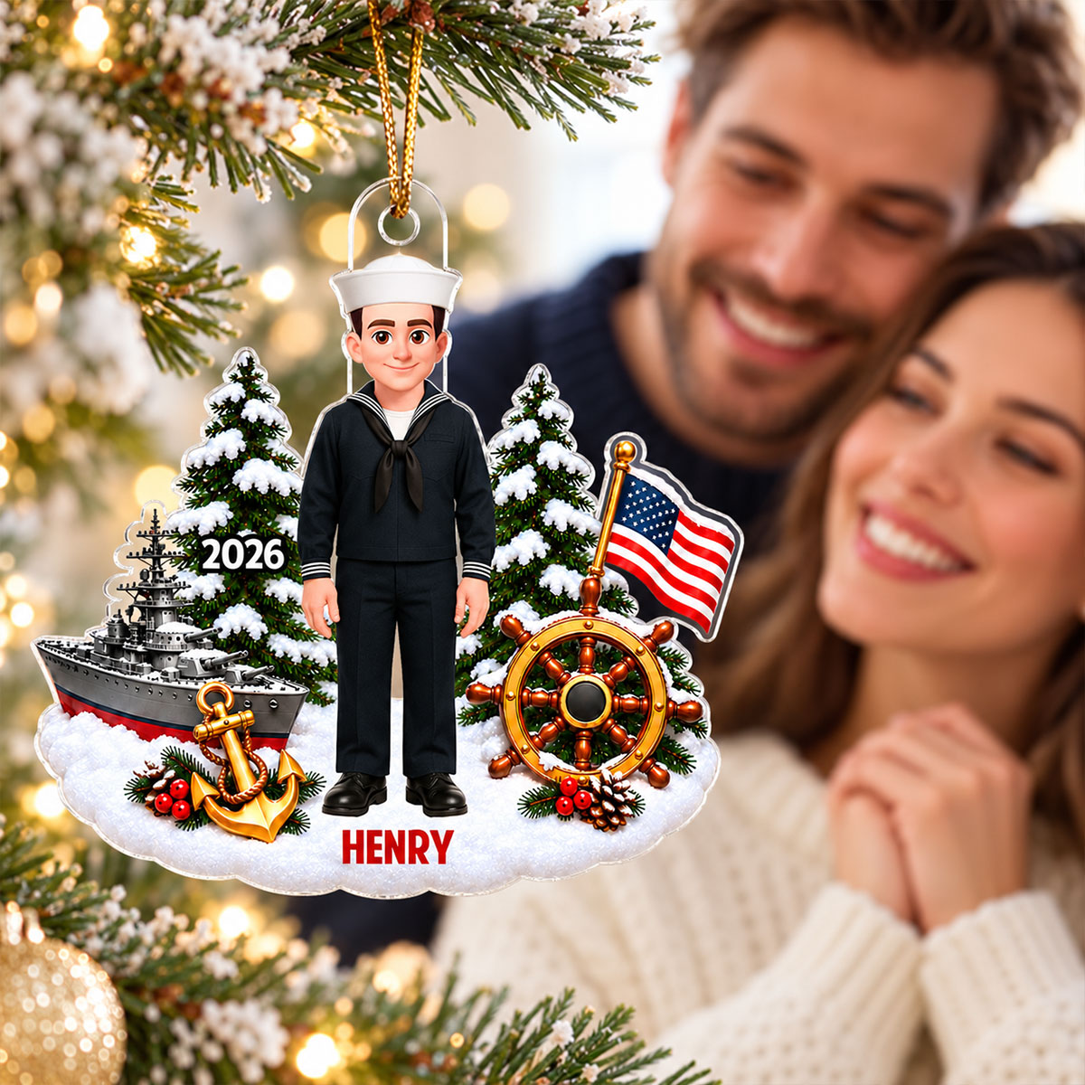 Navy Sailor Custom Name - Personalized Acrylic Ornament - Christmas Gift For Navy Sailors, Navy Veterans, Military Men, Son, Husband, Dad