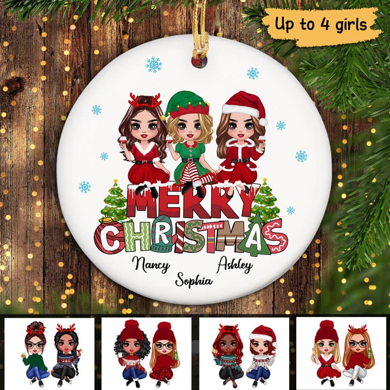 Doll Besties Sitting On Merry Christmas Text Personalized Circle Ornament