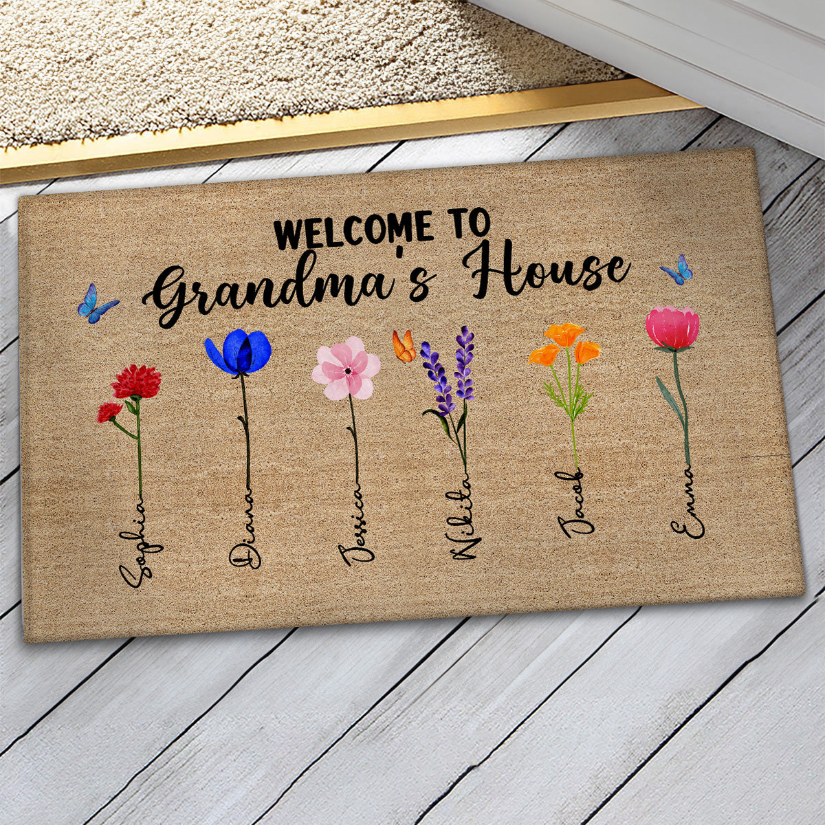 Welcome To Grandma Nana House Watercolor Birth Flowers Personalized Doormat