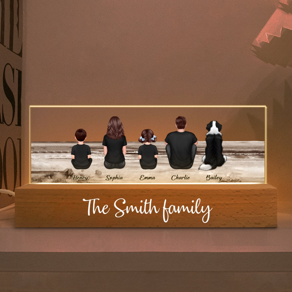 Family Sitting Back View Retro Vintage Beach Landscape Acrylic LED Night Light, Unique Christmas Gift for Family