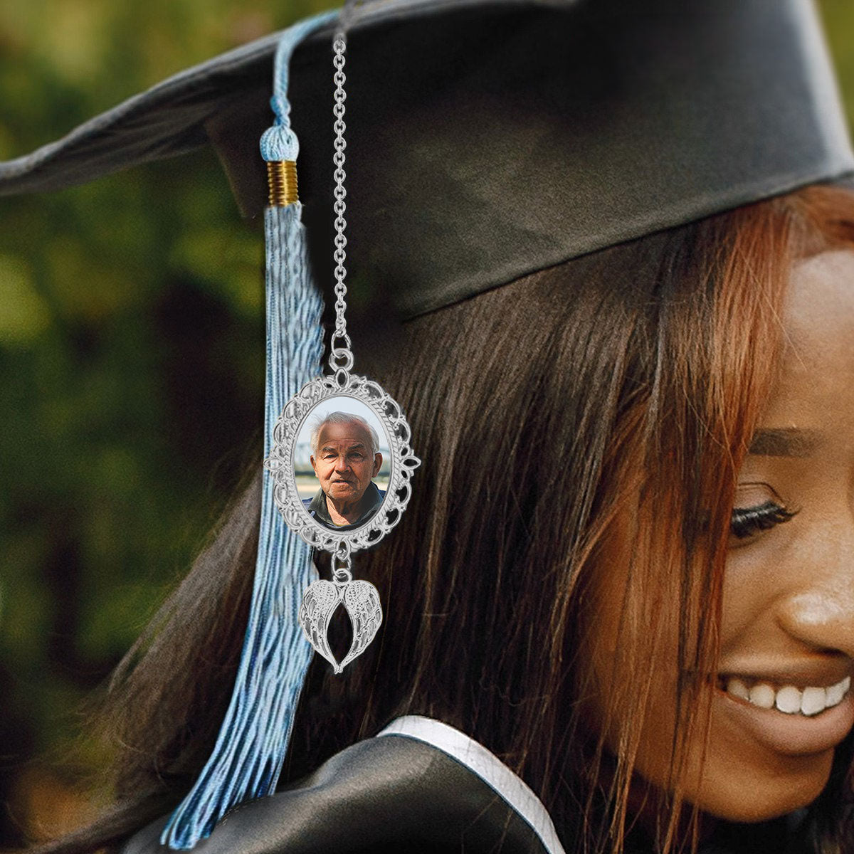Personalized Graduation Tassel Photo Charm With Angel Wings, Graduation Gift