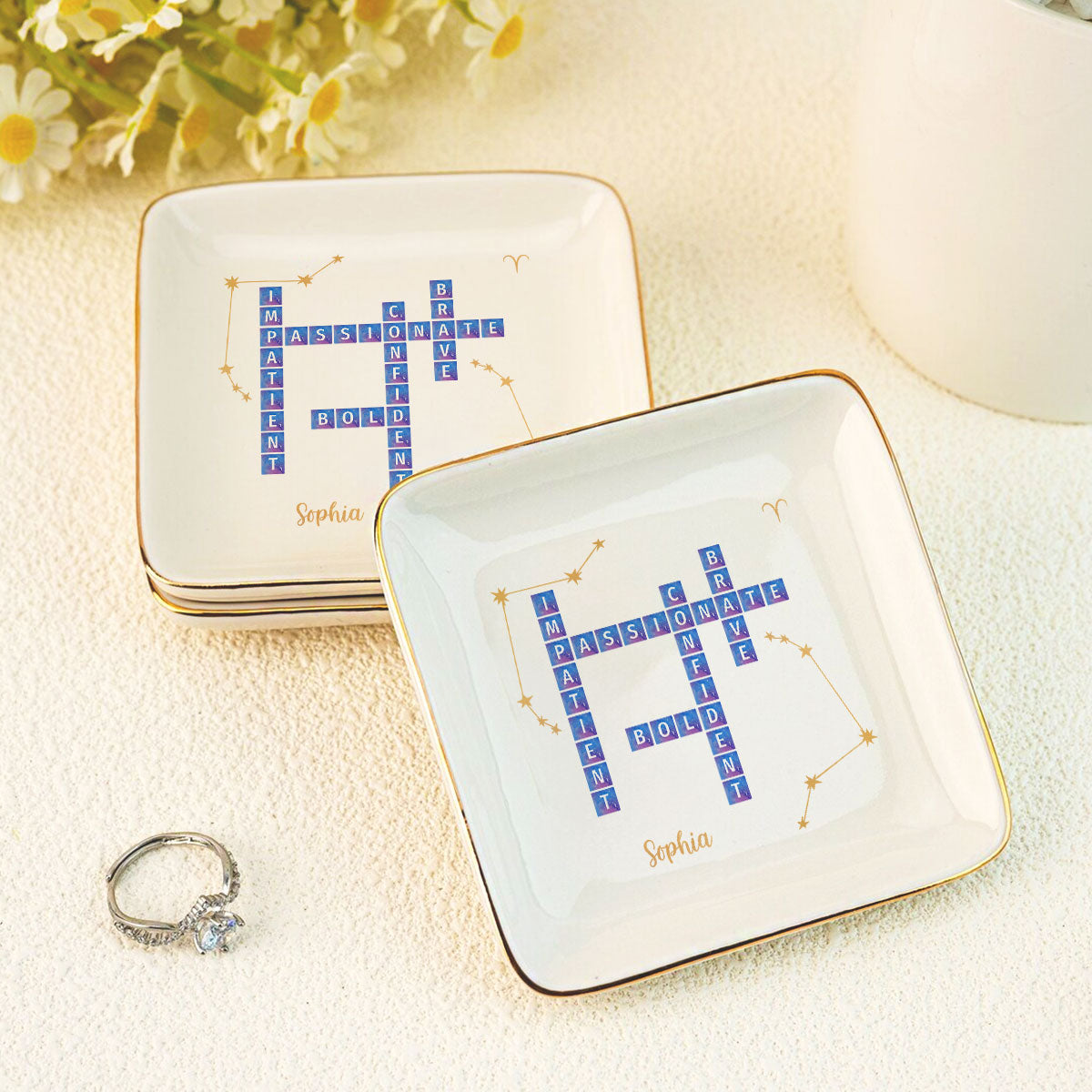 Zodiac Sign Crossword Astrological Personalized Jewelry Dish, Gifts For Friends, Daughter Birthday Gifts