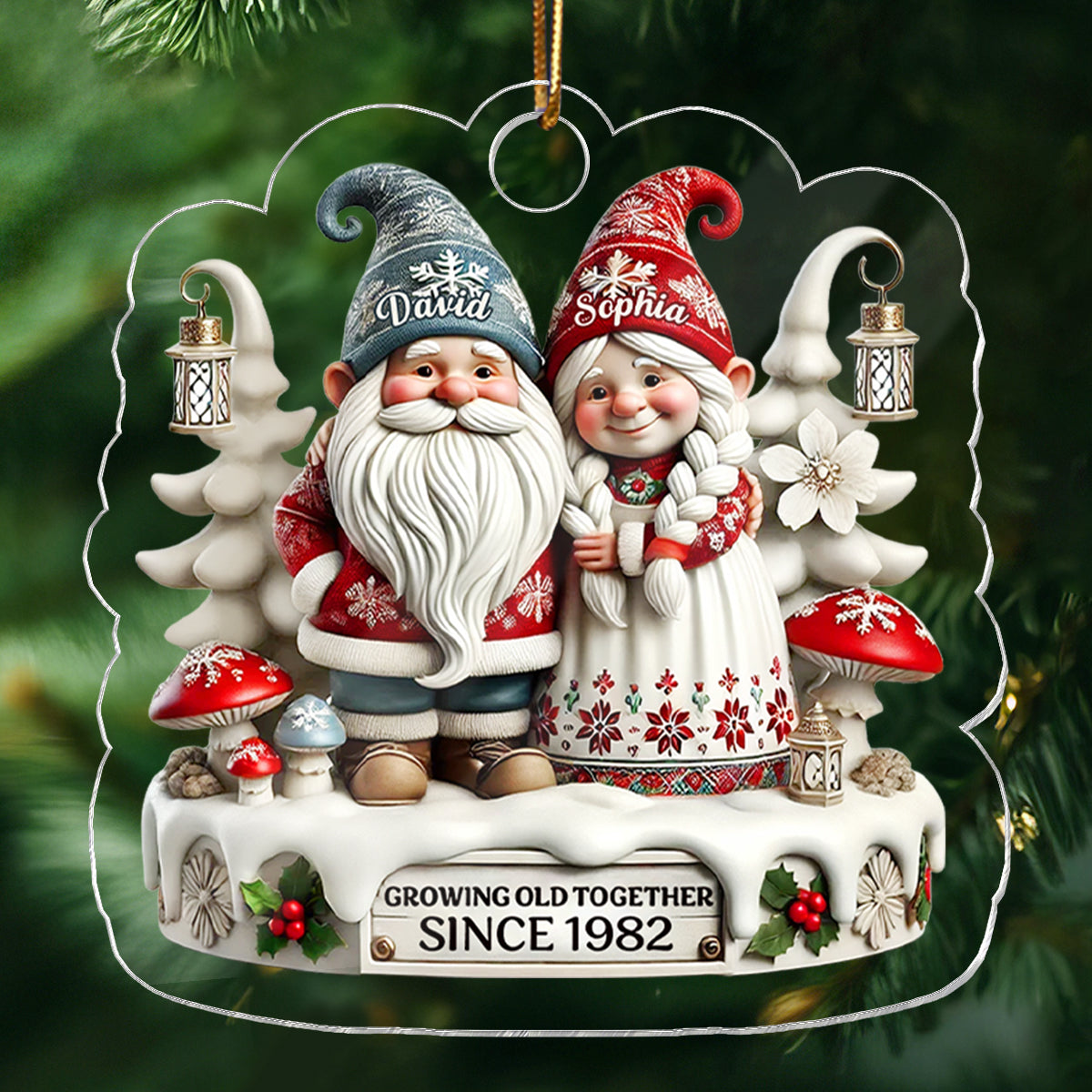 3D Effect Gnome Couple Together Christmas - Personalized Acrylic Ornament - Gift for Him, Gift for Her