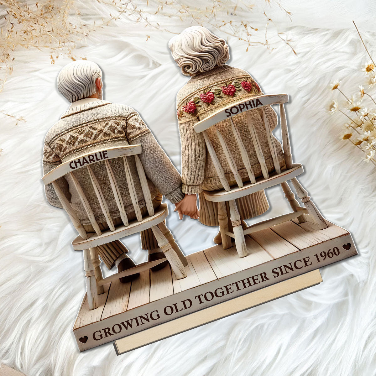 3D Effect Old Couple Holding Hands Sitting Together Personalized Standing Wooden Plaque, Heartfelt Anniversary Gift,  Gift For Couple, For Him, For Her, Husband, Wife