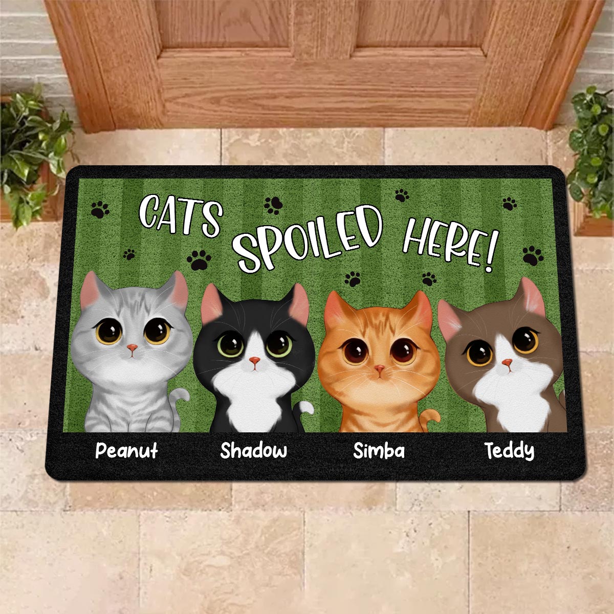 Watercolor Cute Cats Green Background Cats Spoiled Here Welcome Personalized Doormat