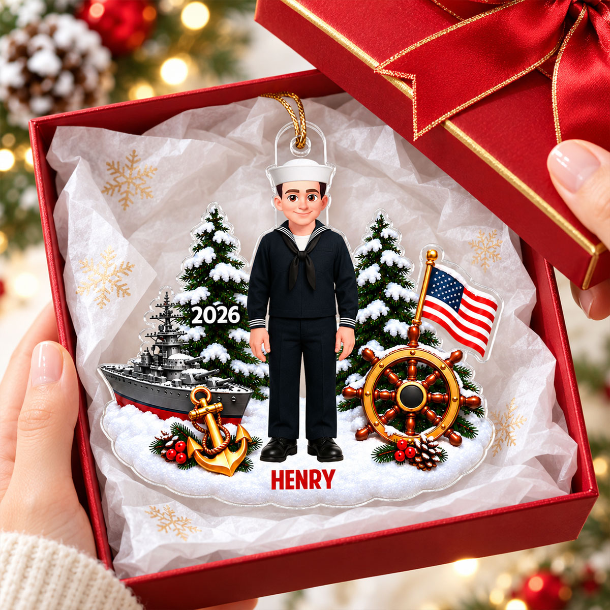 Navy Sailor Custom Name - Personalized Acrylic Ornament - Christmas Gift For Navy Sailors, Navy Veterans, Military Men, Son, Husband, Dad