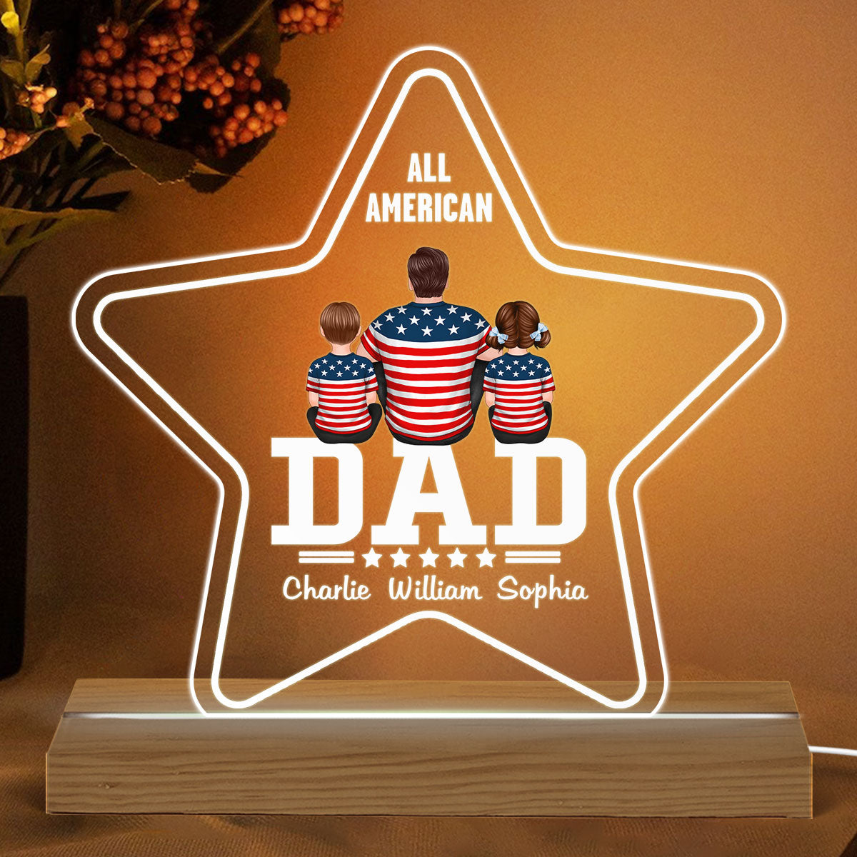 Five - Star Dad All American Dad Back View Man & Kids Dog Cat Personalized Custom Shape Acrylic Plaque With Warm LED Night Light