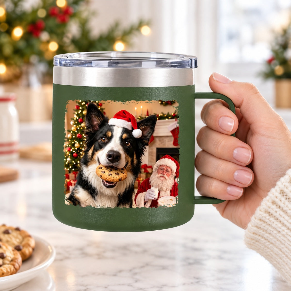Dog Cat Steal Cookie From Santa Upload Pet Photo - Personalized Stainless Steel Tumbler With Handle - Funny Christmas Gift For Dog Lovers, Cat Lovers, Pet Lovers