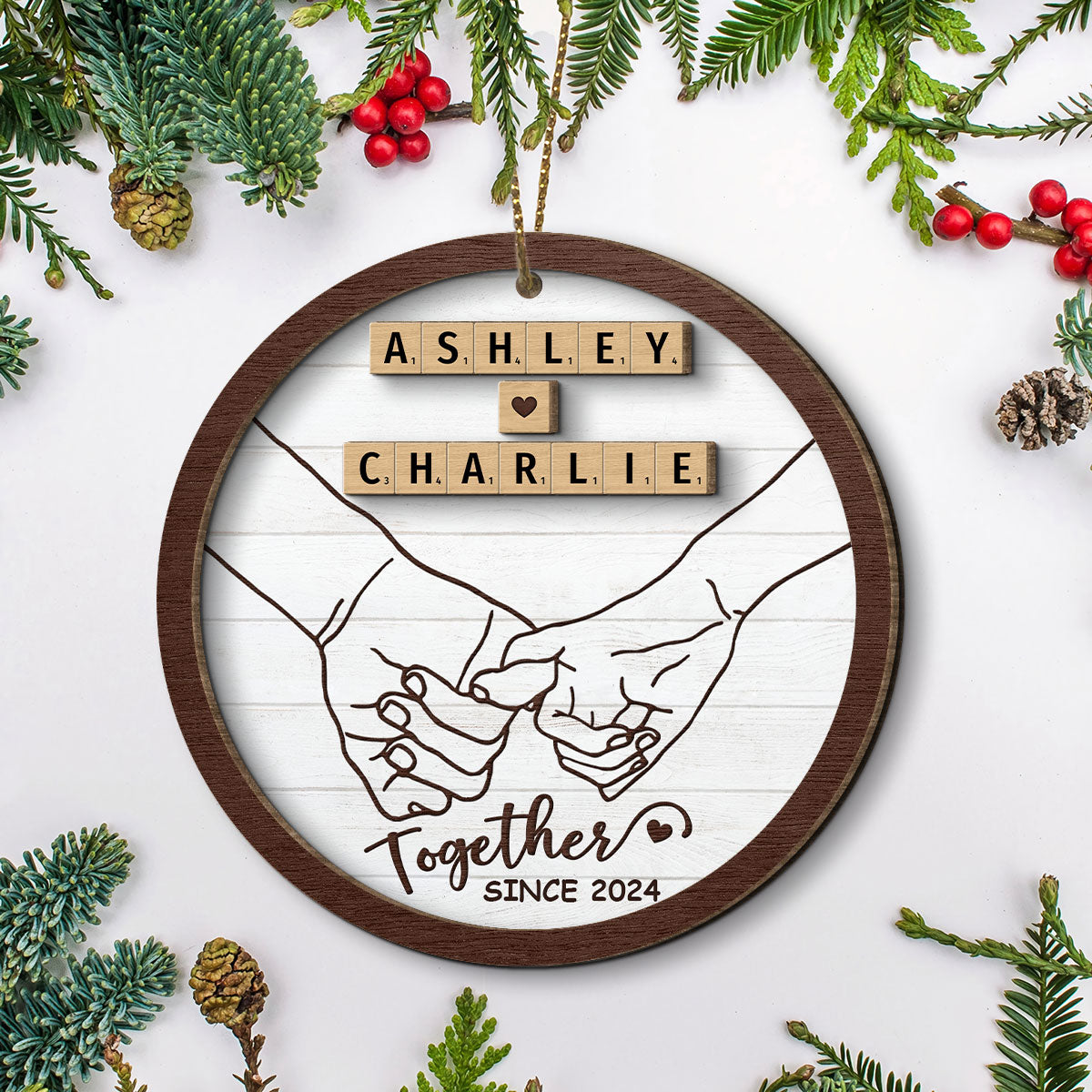 Hand In Hand Couple Wooden Blocks Christmas Personalized 2-Layer Wooden Ornament, Christmas Gift For Him, For Her