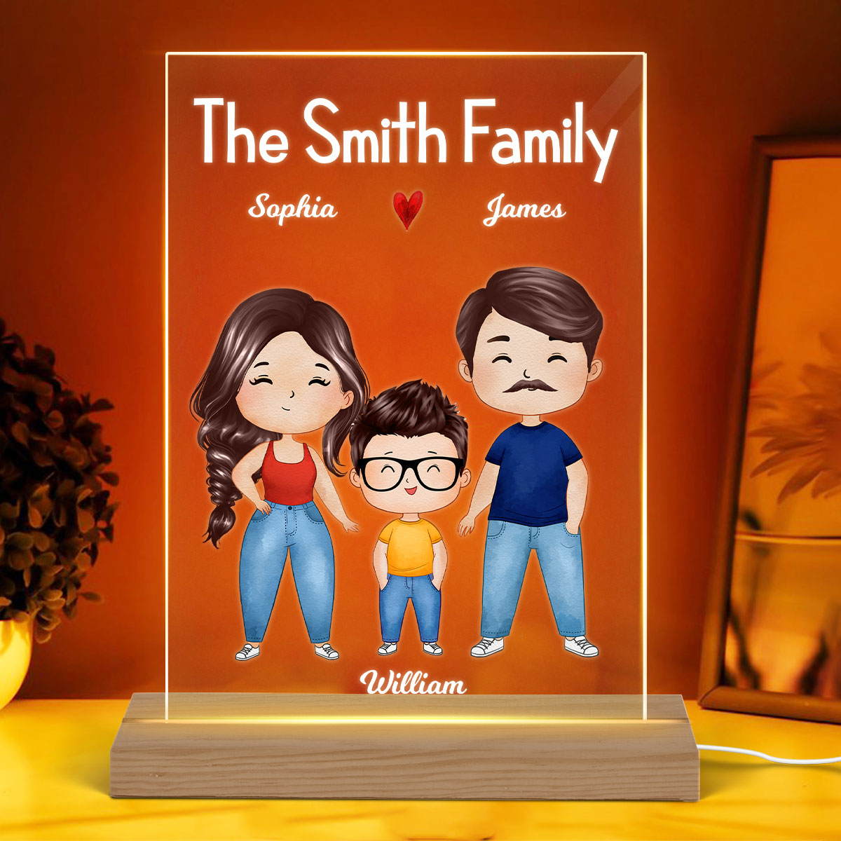 Happy Whole Family Watercolor Styles Couple Dad Mom Kids Dogs Cats Sitting Personalized Rectangle Acrylic Plaque LED Night Light