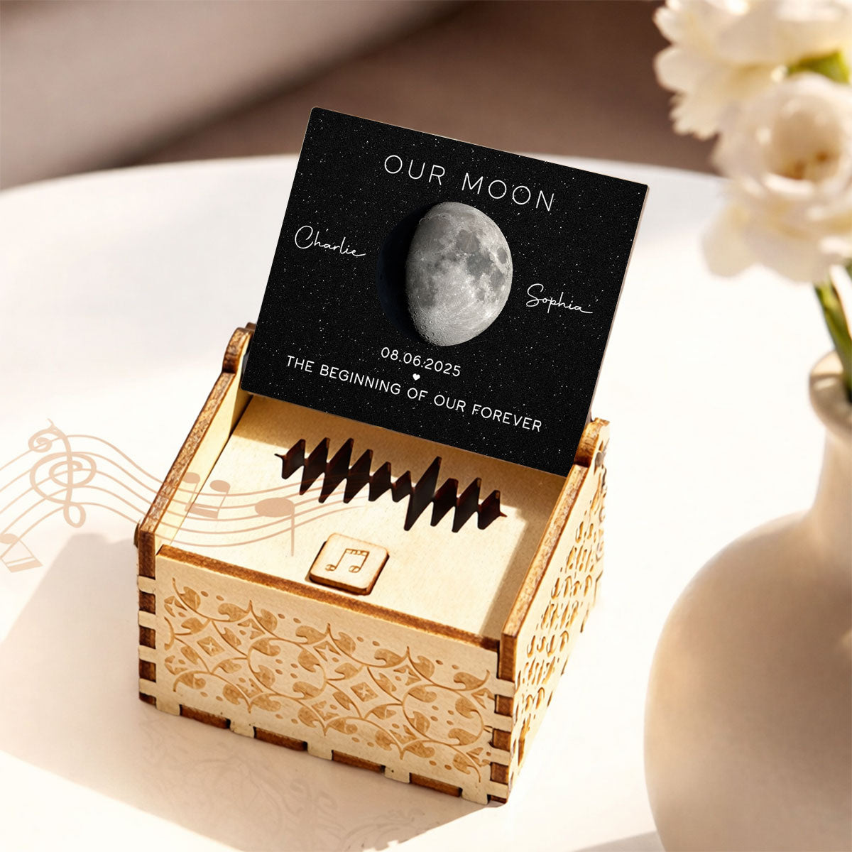 Our Moon Custom Moon Phase & Favorite Song - Personalized Wooden Music Box - Valentine's Day Gift For Him, Gift For Her