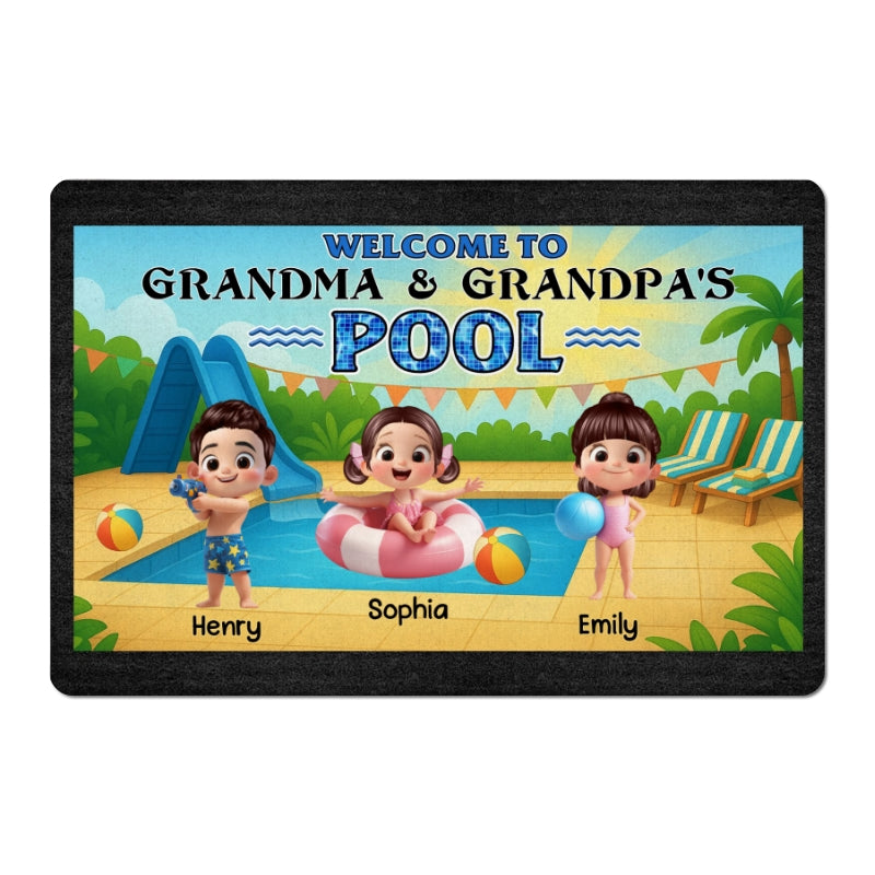 Welcome to Grandma & Grandpa's Pool Personalized Non-Slip Doormat, Entryway Front Porch Farmhouse Summer Grandkids Welcome Mat