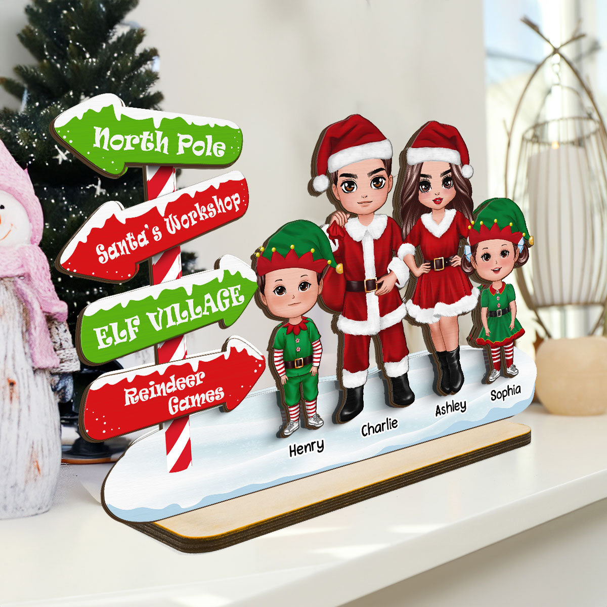 North Pole Sign Santa ELF Family Christmas Personalized 2-Layer Standing Wooden Plaque